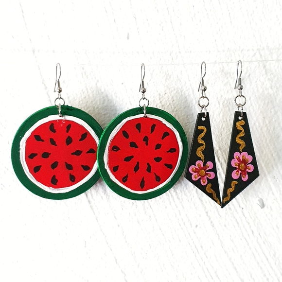 Gaviota Jewelry - 8 for $15 * Watermelon & Floral Hand Painted Wood Earings